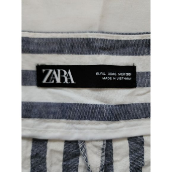 ZARA Women's Blue White Striped Wide Leg Pleated Cropped Pants Size Large - Picture 9 of 16